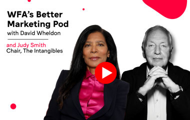 cover for Better Marketing Pod episode. Shows title left hand side, and a collage of photos: Judy Smith's and David's Wheldon