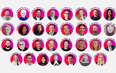 31 rounded speaker headshots with names and companies
