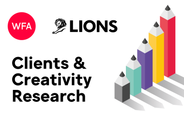 WFA and Cannes Lions logos top left; text 'Clients & Creativity Research', next to an illustration of a chart made up of colourful pencils